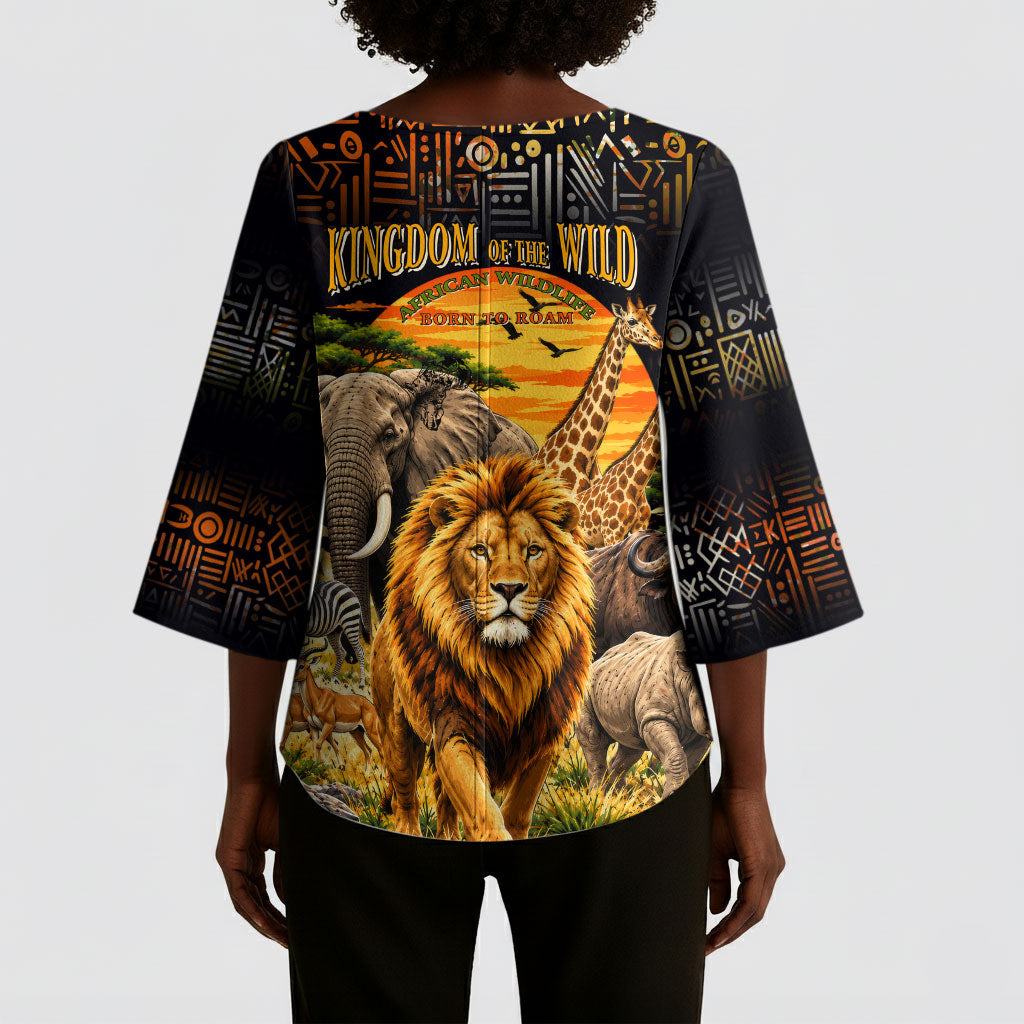 African Wildlife Heart Kimono Sleeve Blouse Safari Sunset Lion Elephant Giraffe Tribal Pattern