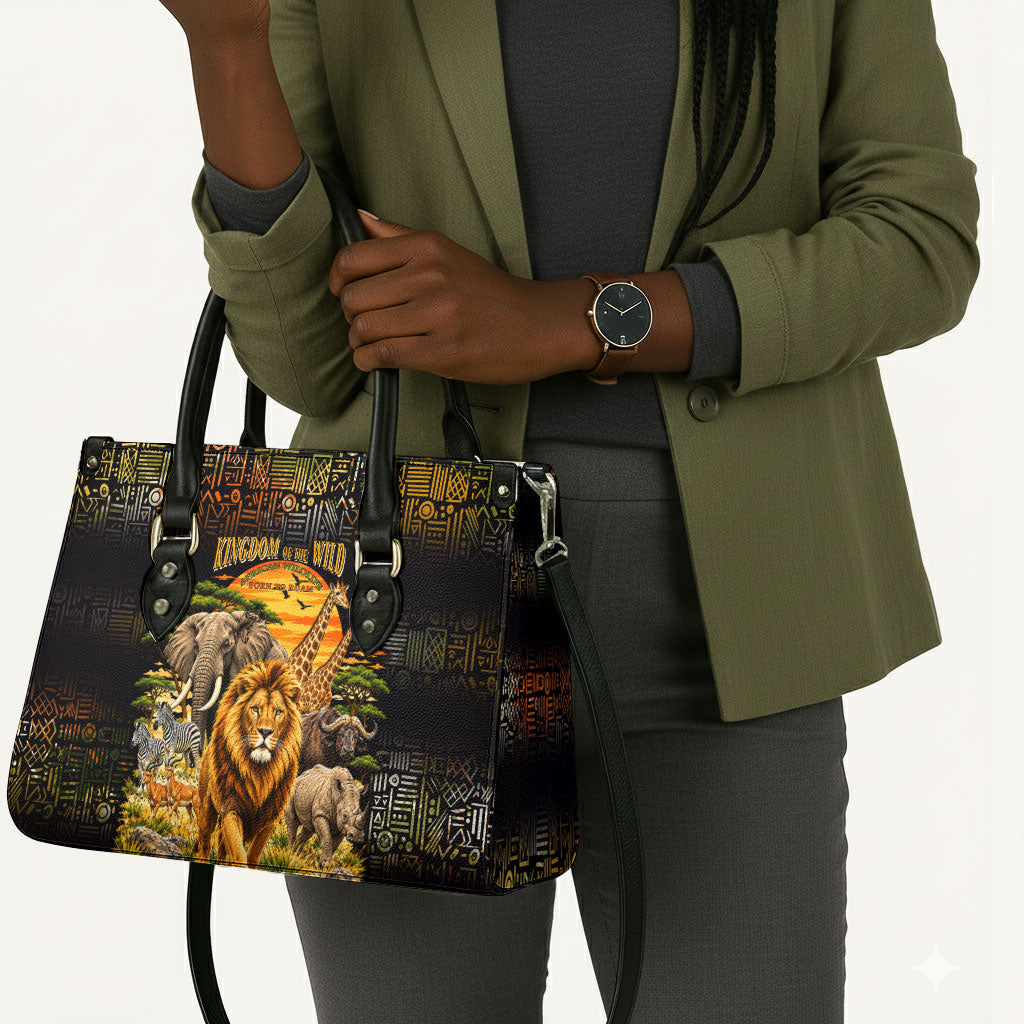 African Wildlife Heart Leather Bag Safari Sunset Lion Elephant Giraffe Tribal Pattern