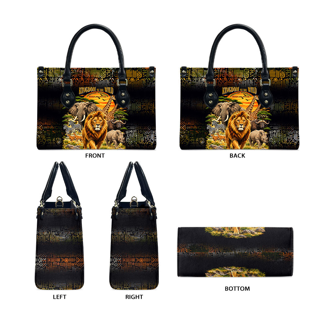 African Wildlife Heart Leather Bag Safari Sunset Lion Elephant Giraffe Tribal Pattern