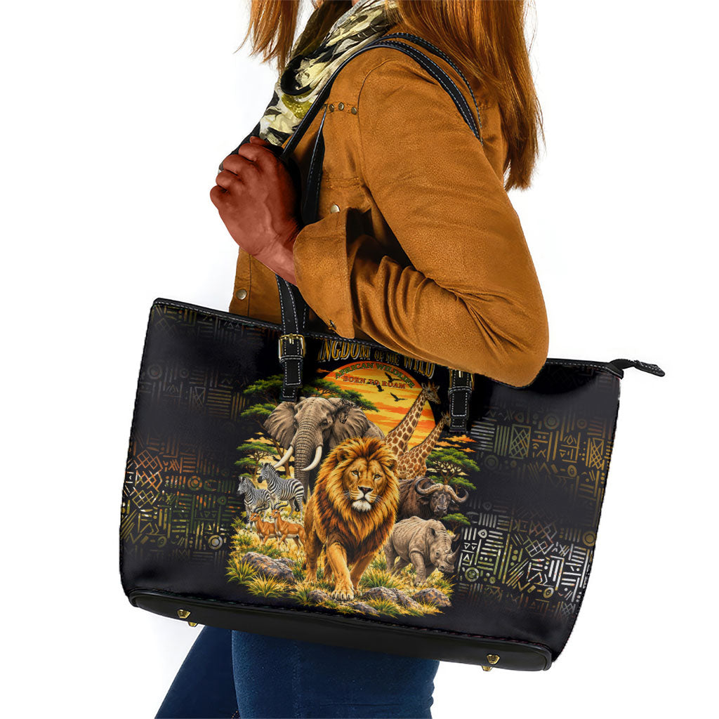 African Wildlife Heart Leather Tote Bag Safari Sunset Lion Elephant Giraffe Tribal Pattern