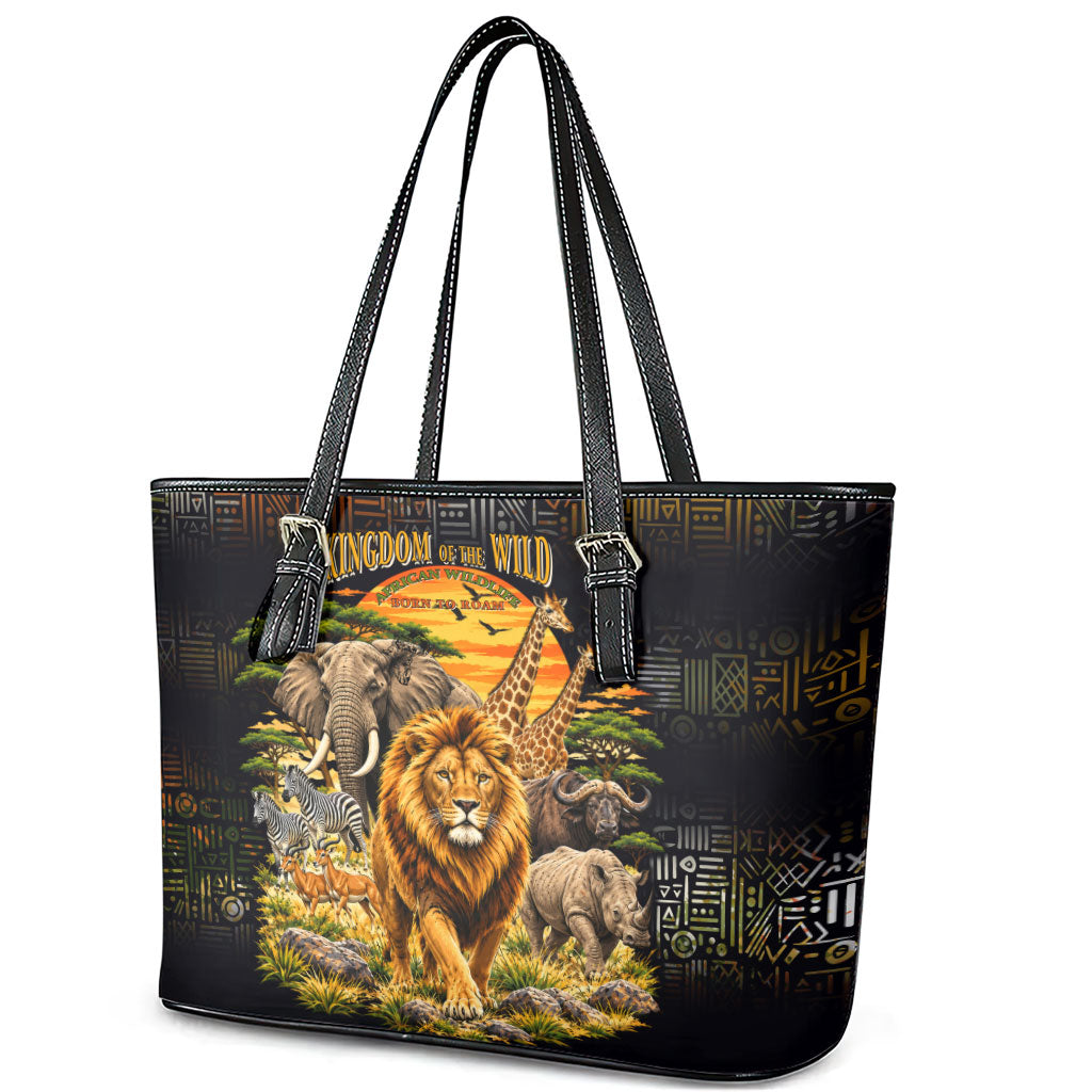 African Wildlife Heart Leather Tote Bag Safari Sunset Lion Elephant Giraffe Tribal Pattern