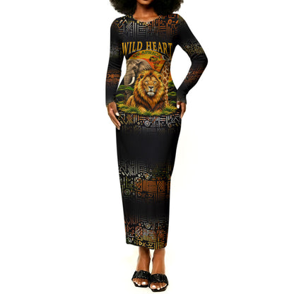 African Wildlife Heart Long Sleeve Bodycon Dress Safari Sunset Lion Elephant Giraffe Tribal Pattern