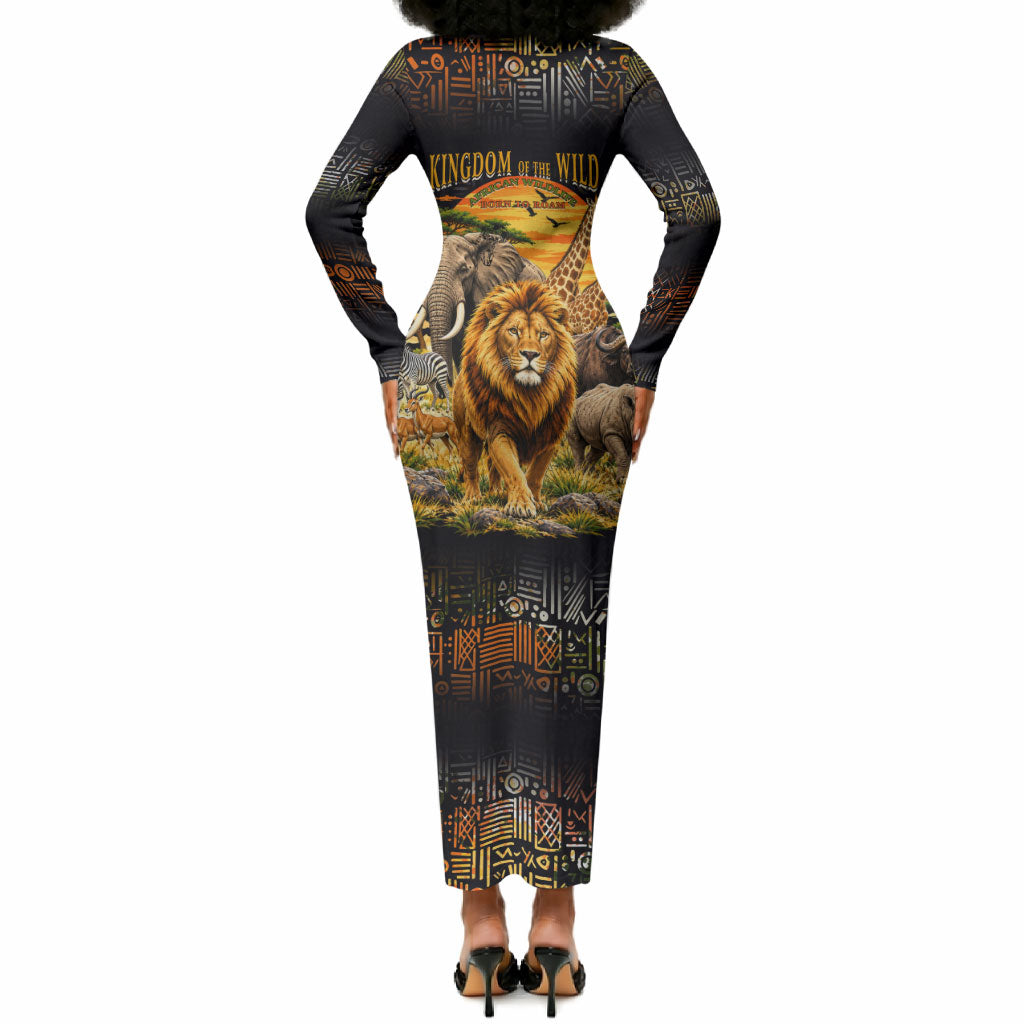 African Wildlife Heart Long Sleeve Bodycon Dress Safari Sunset Lion Elephant Giraffe Tribal Pattern