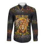 African Wildlife Heart Long Sleeve Button Shirt Safari Sunset Lion Elephant Giraffe Tribal Pattern
