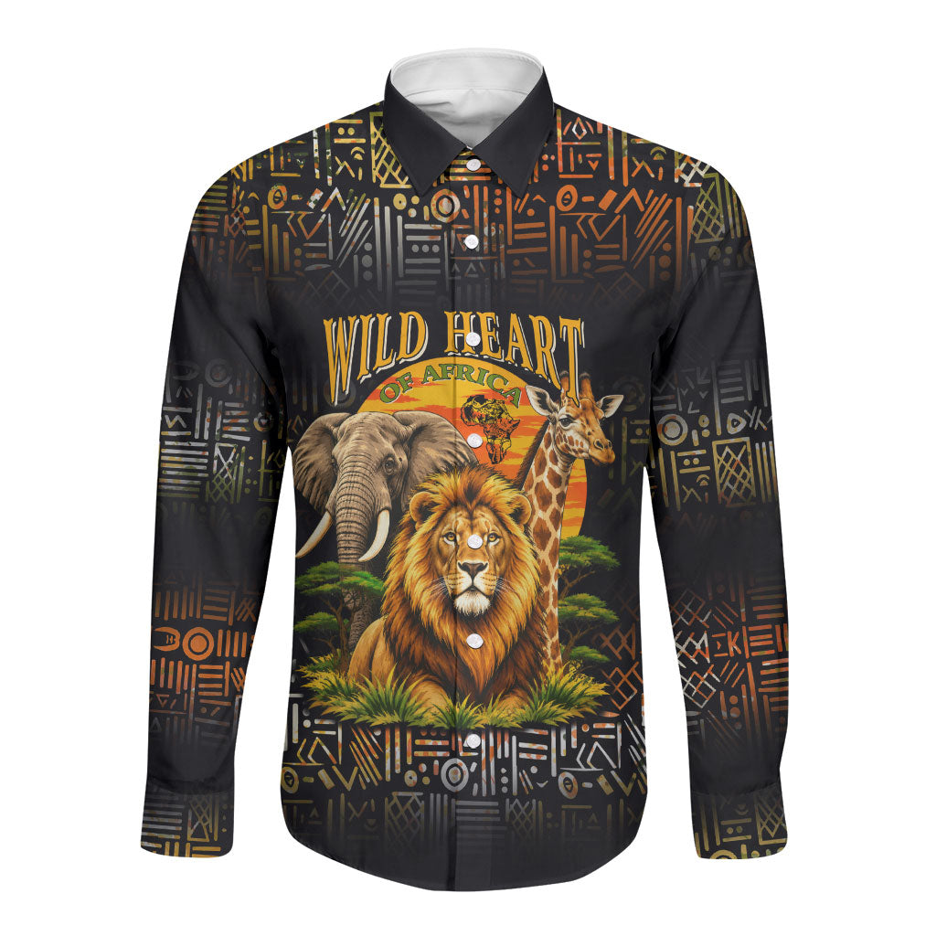 African Wildlife Heart Long Sleeve Button Shirt Safari Sunset Lion Elephant Giraffe Tribal Pattern