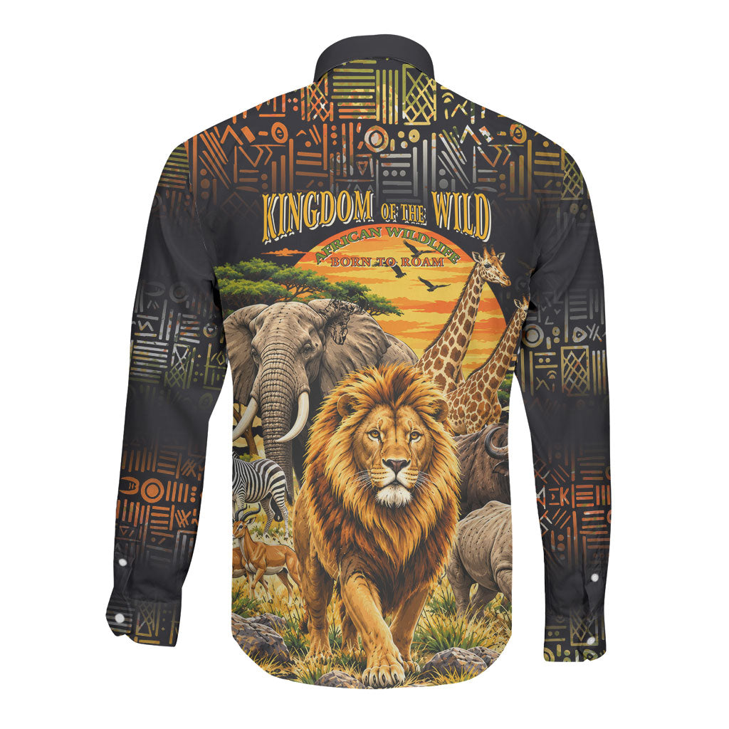 African Wildlife Heart Long Sleeve Button Shirt Safari Sunset Lion Elephant Giraffe Tribal Pattern