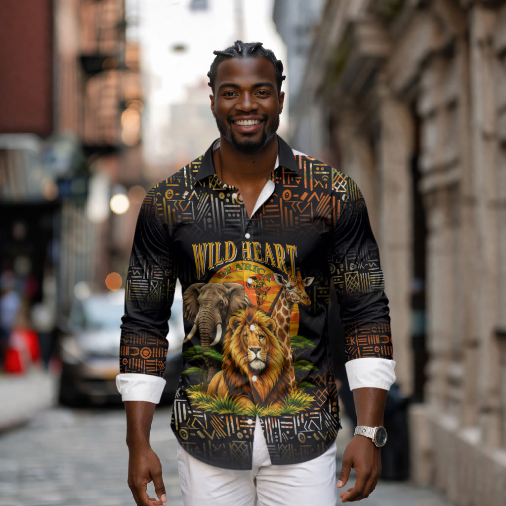 African Wildlife Heart Long Sleeve Button Shirt Safari Sunset Lion Elephant Giraffe Tribal Pattern