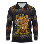 African Wildlife Heart Long Sleeve Polo Shirt Safari Sunset Lion Elephant Giraffe Tribal Pattern