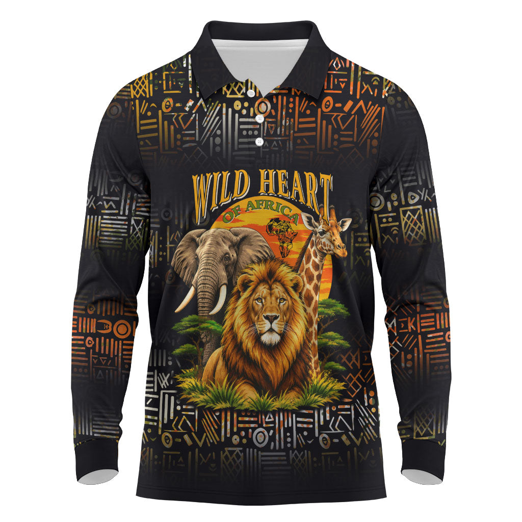 African Wildlife Heart Long Sleeve Polo Shirt Safari Sunset Lion Elephant Giraffe Tribal Pattern