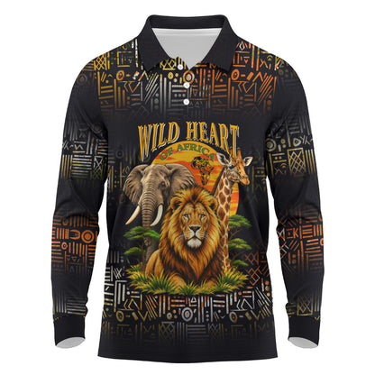 African Wildlife Heart Long Sleeve Polo Shirt Safari Sunset Lion Elephant Giraffe Tribal Pattern
