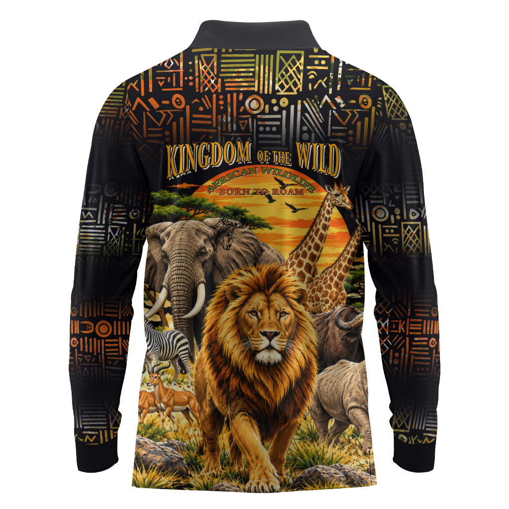 African Wildlife Heart Long Sleeve Polo Shirt Safari Sunset Lion Elephant Giraffe Tribal Pattern