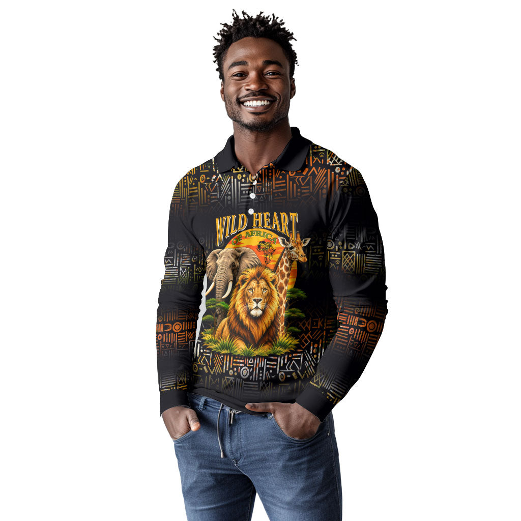 African Wildlife Heart Long Sleeve Polo Shirt Safari Sunset Lion Elephant Giraffe Tribal Pattern