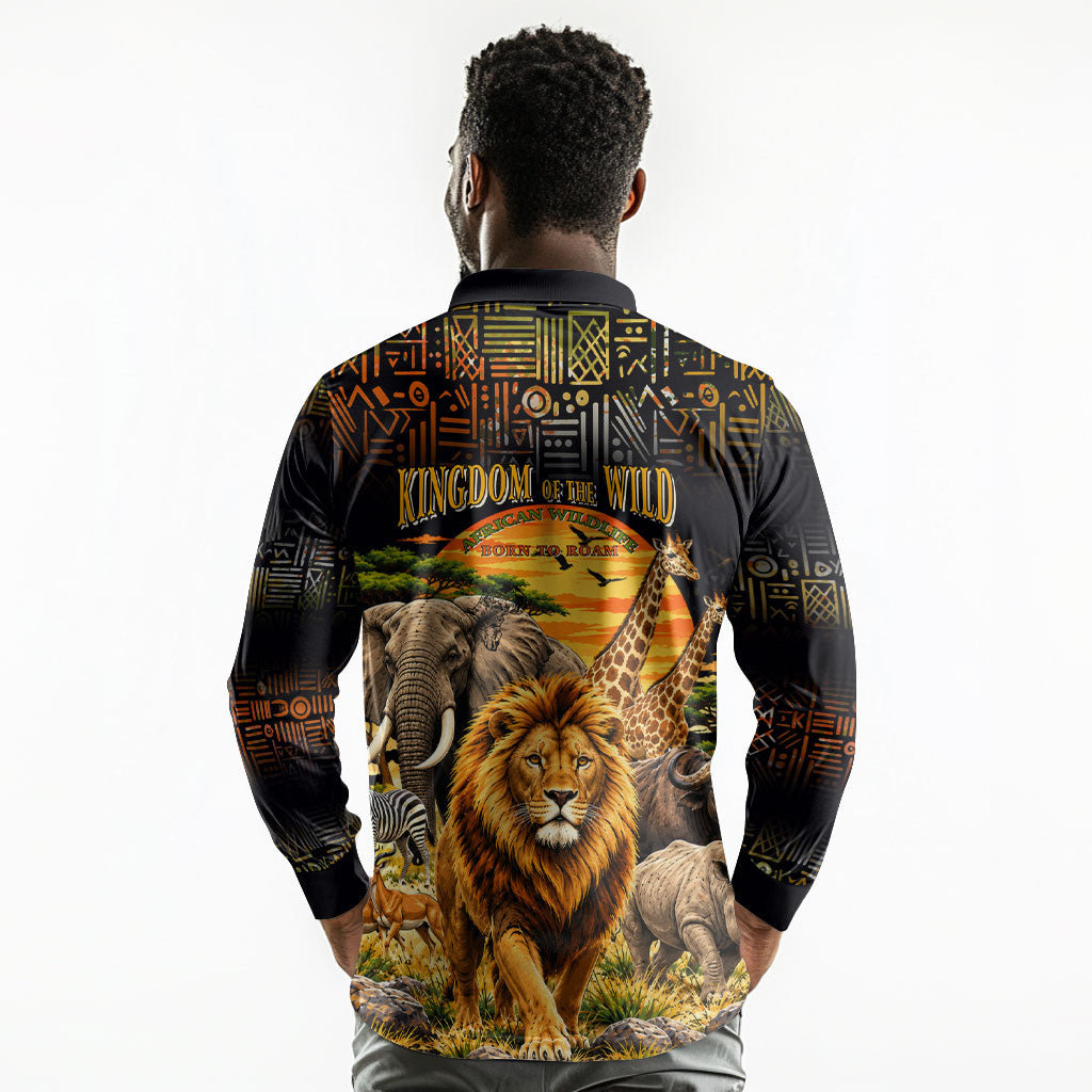 African Wildlife Heart Long Sleeve Polo Shirt Safari Sunset Lion Elephant Giraffe Tribal Pattern