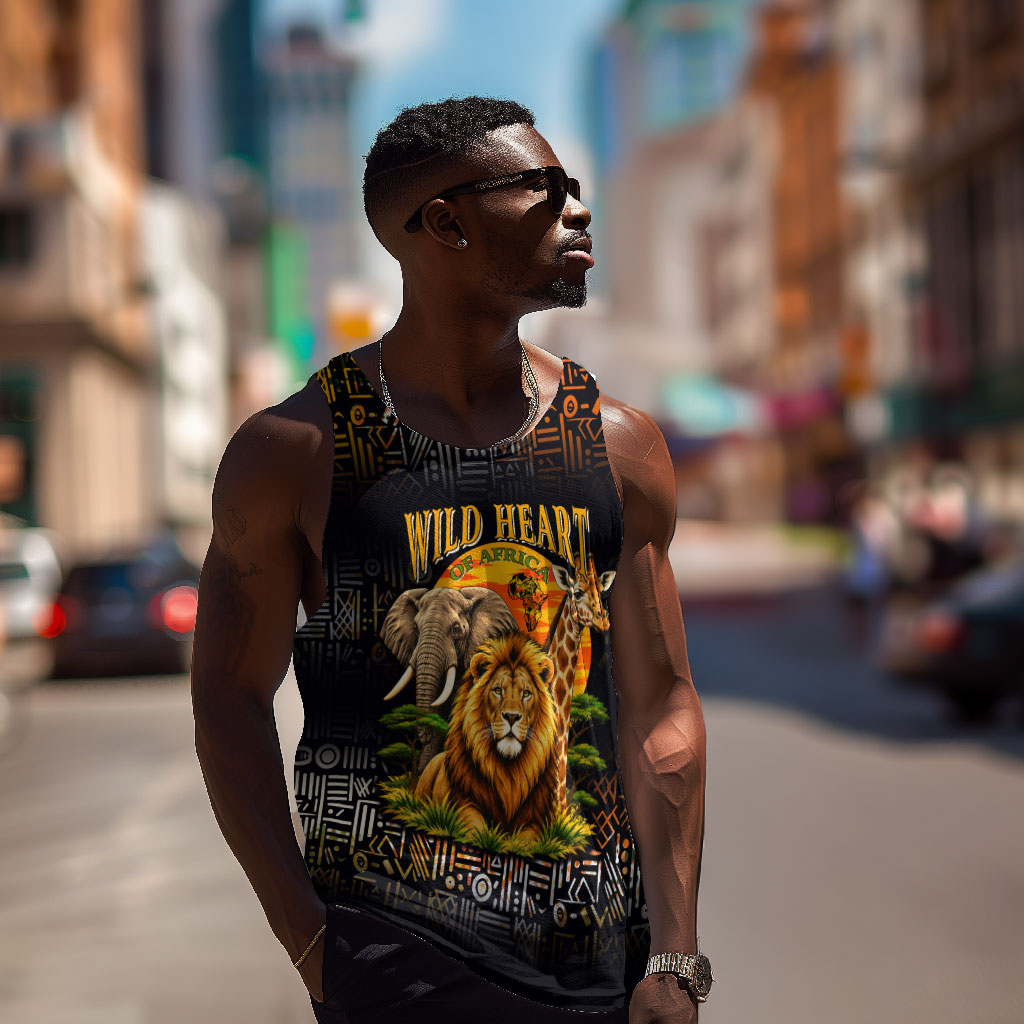 African Wildlife Heart Men Tank Top Safari Sunset Lion Elephant Giraffe Tribal Pattern
