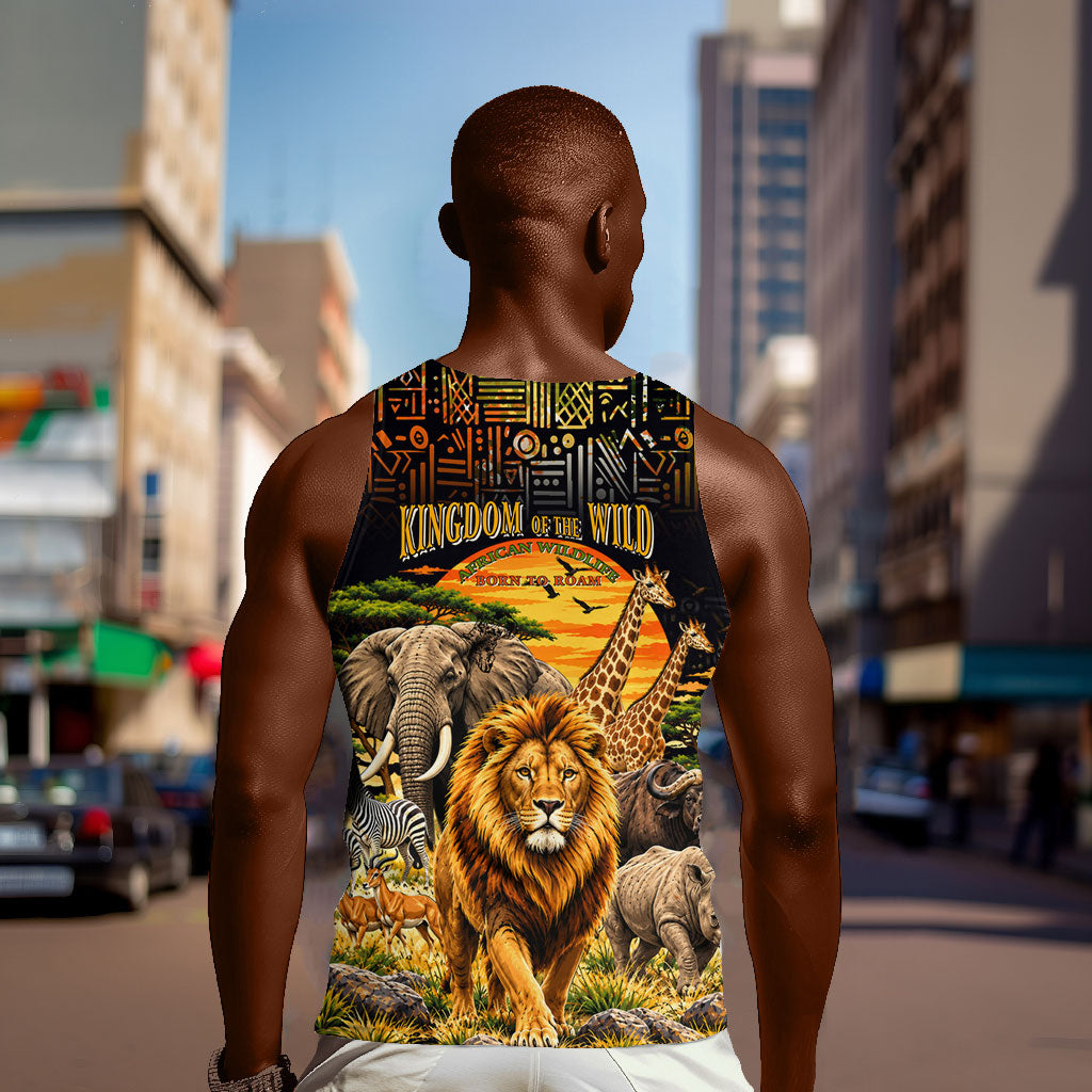 African Wildlife Heart Men Tank Top Safari Sunset Lion Elephant Giraffe Tribal Pattern