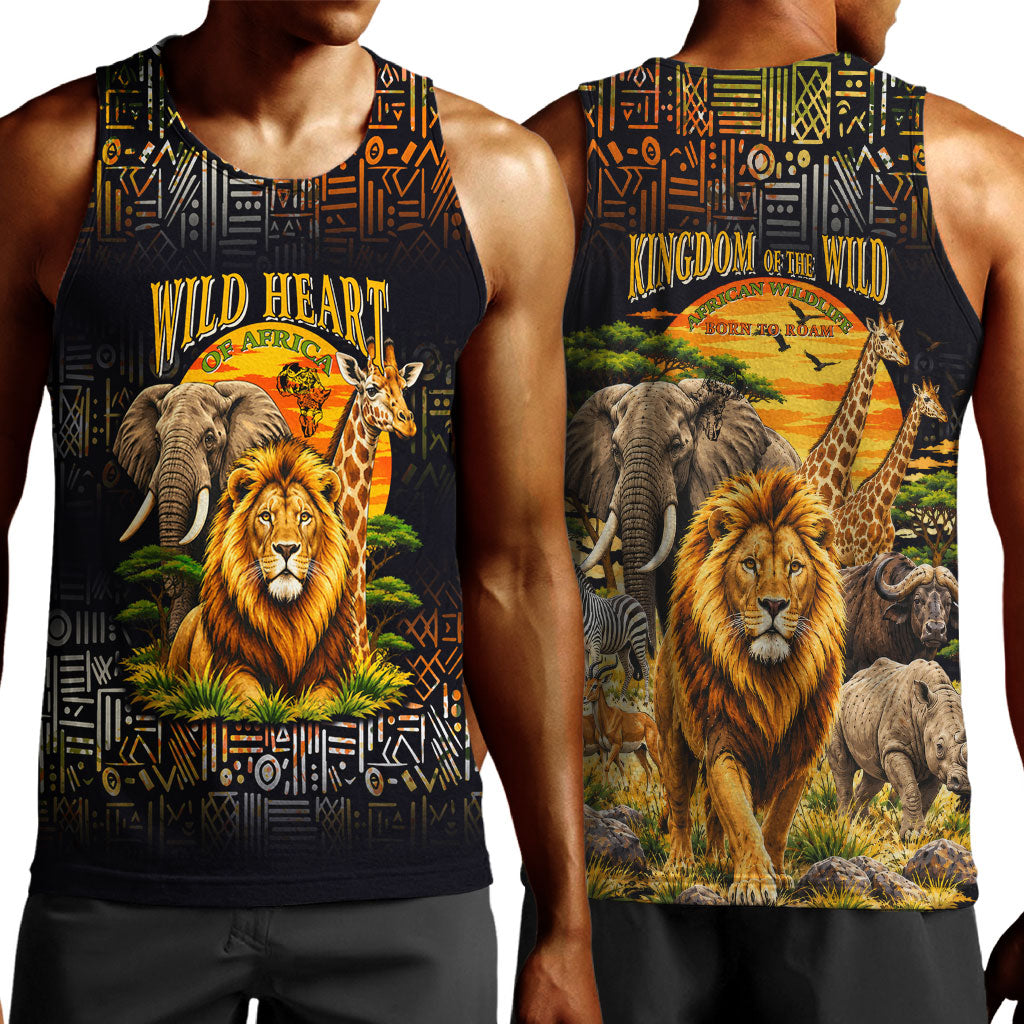 African Wildlife Heart Men Tank Top Safari Sunset Lion Elephant Giraffe Tribal Pattern