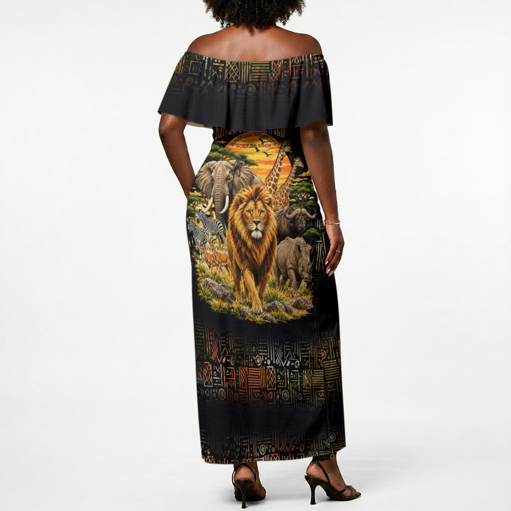 African Wildlife Heart Off Shoulder Maxi Dress Safari Sunset Lion Elephant Giraffe Tribal Pattern