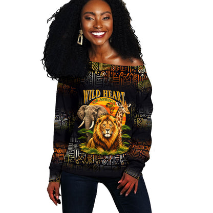 African Wildlife Heart Off Shoulder Sweater Safari Sunset Lion Elephant Giraffe Tribal Pattern