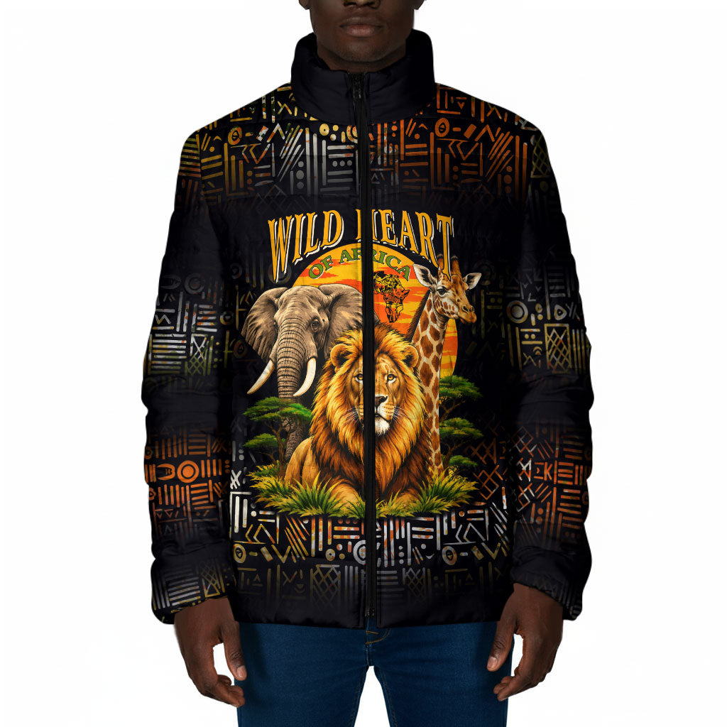 African Wildlife Heart Padded Jacket Safari Sunset Lion Elephant Giraffe Tribal Pattern