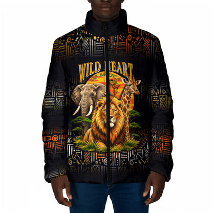 African Wildlife Heart Padded Jacket Safari Sunset Lion Elephant Giraffe Tribal Pattern