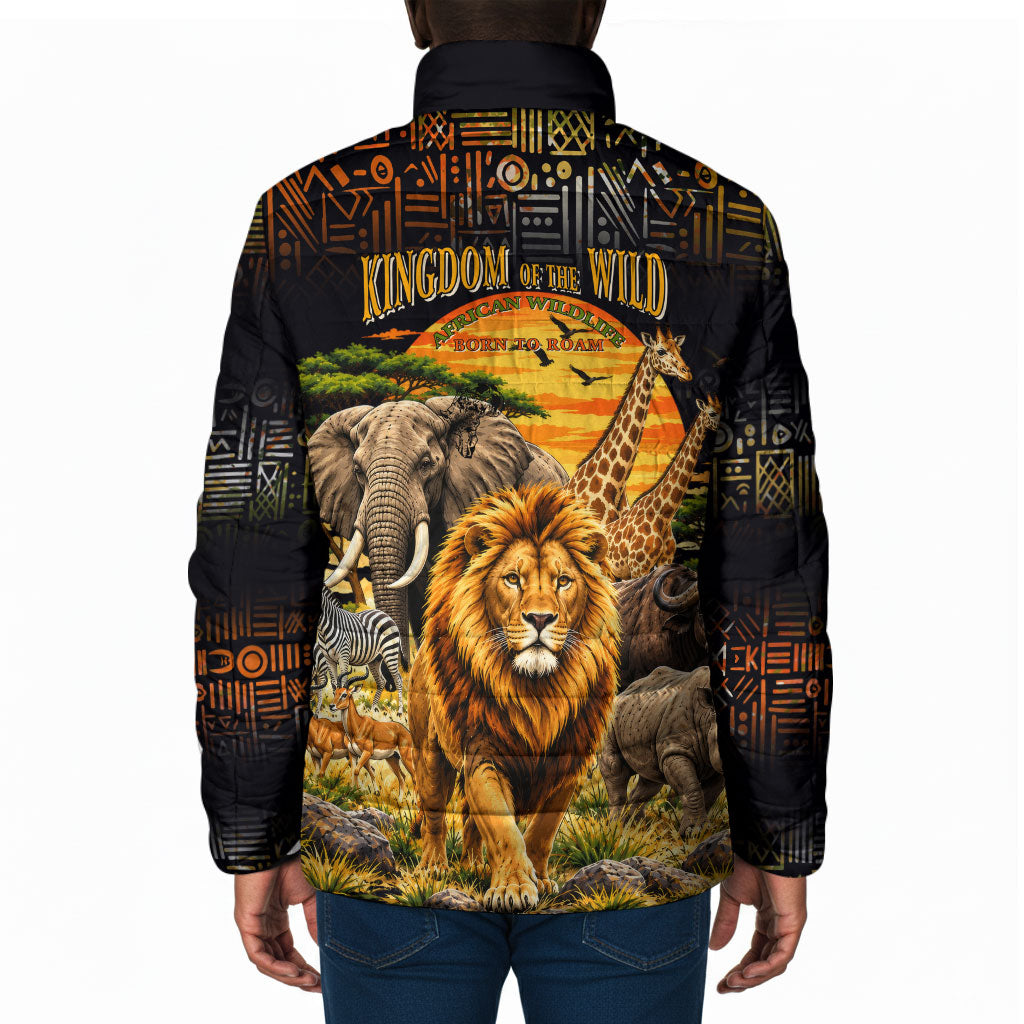 African Wildlife Heart Padded Jacket Safari Sunset Lion Elephant Giraffe Tribal Pattern