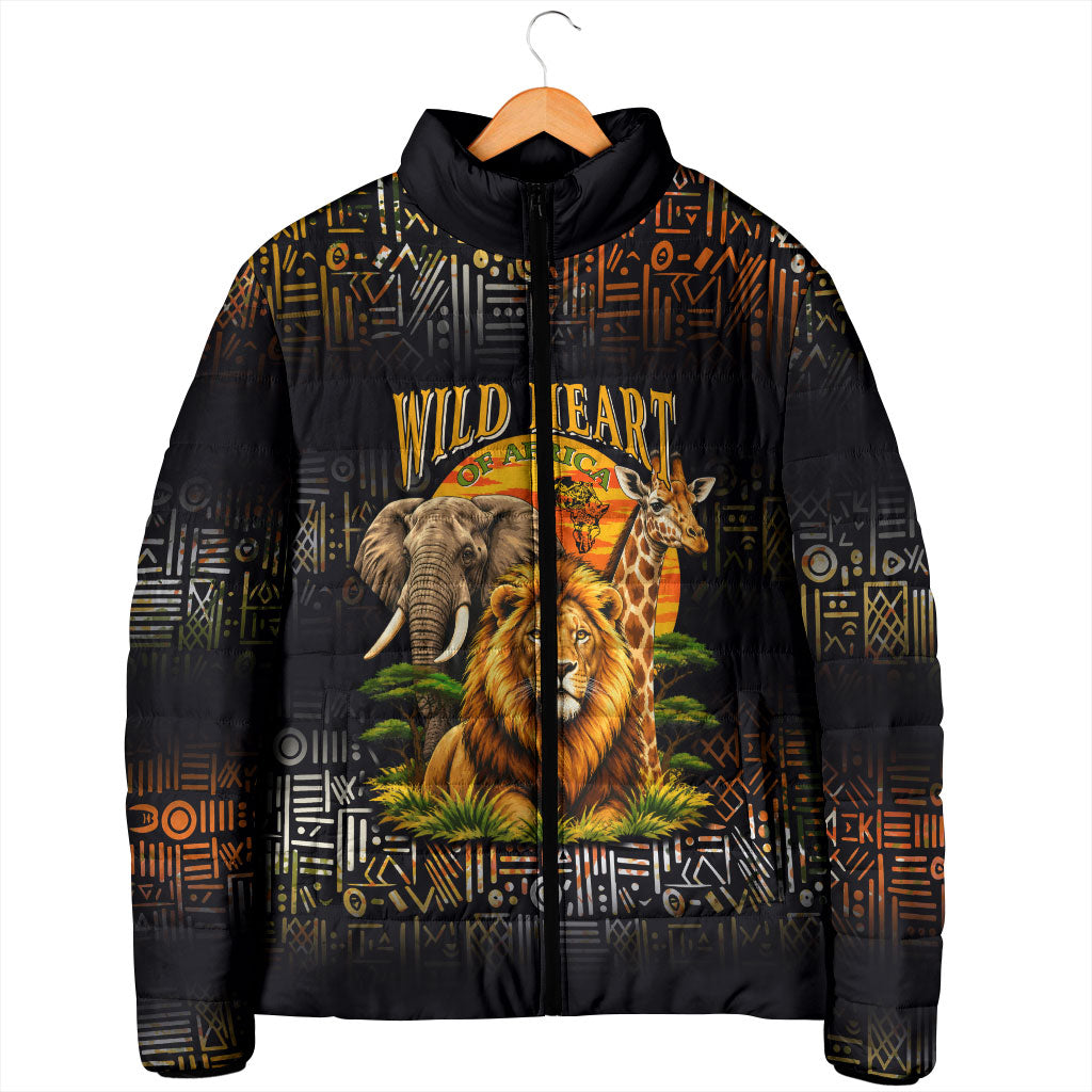 African Wildlife Heart Padded Jacket Safari Sunset Lion Elephant Giraffe Tribal Pattern