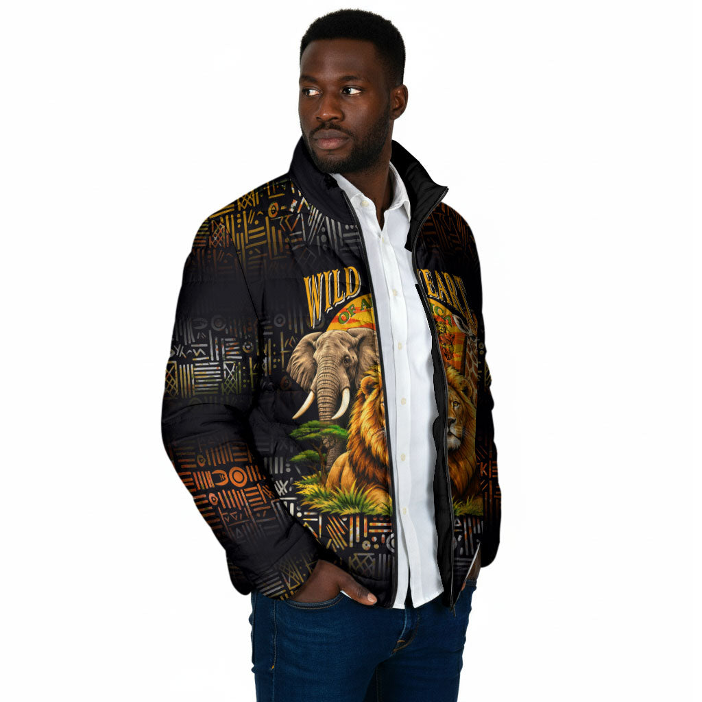African Wildlife Heart Padded Jacket Safari Sunset Lion Elephant Giraffe Tribal Pattern