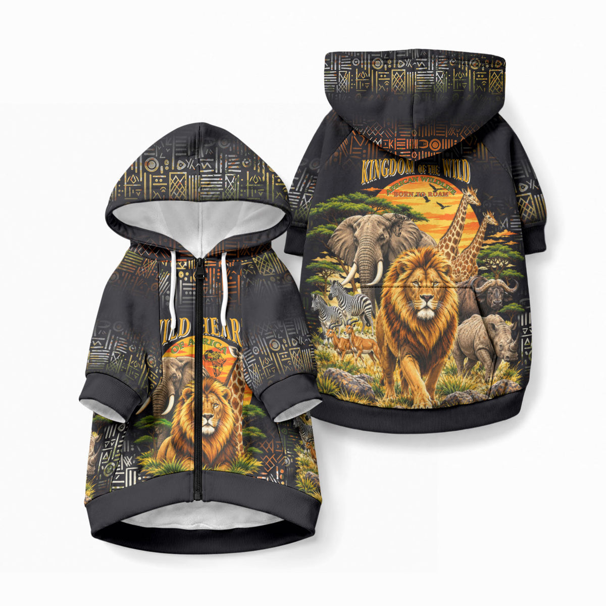 African Wildlife Heart Pet Hoodie Safari Sunset Lion Elephant Giraffe Tribal Pattern