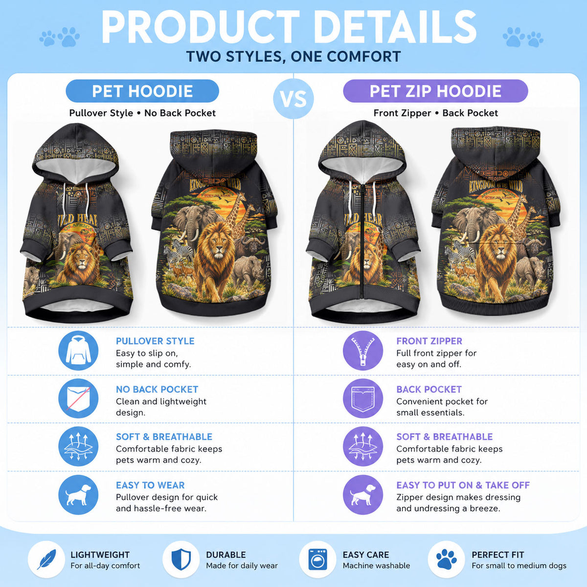 African Wildlife Heart Pet Hoodie Safari Sunset Lion Elephant Giraffe Tribal Pattern