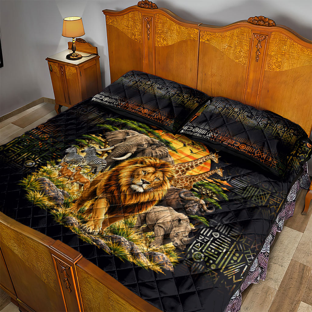 African Wildlife Heart Quilt Bed Set Safari Sunset Lion Elephant Giraffe Tribal Pattern