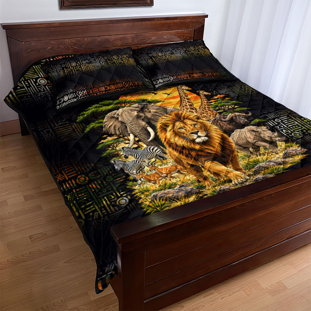African Wildlife Heart Quilt Bed Set Safari Sunset Lion Elephant Giraffe Tribal Pattern