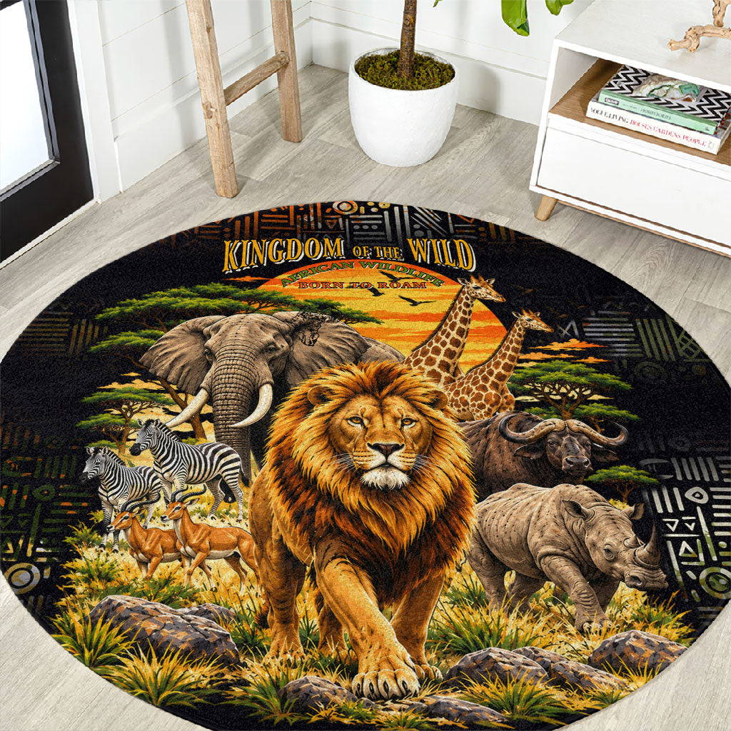 African Wildlife Heart Round Carpet Safari Sunset Lion Elephant Giraffe Tribal Pattern