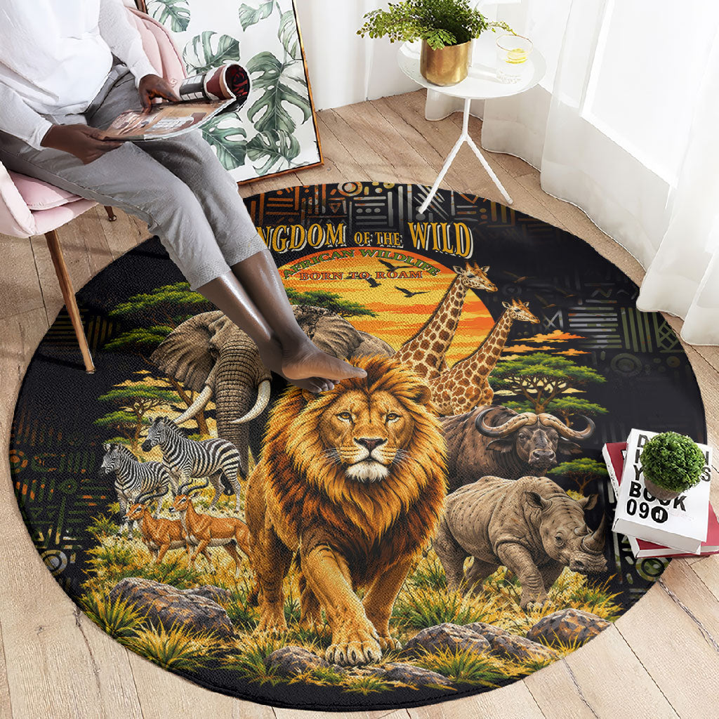 African Wildlife Heart Round Carpet Safari Sunset Lion Elephant Giraffe Tribal Pattern