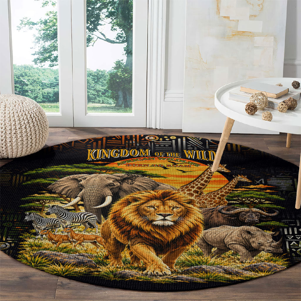 African Wildlife Heart Round Carpet Safari Sunset Lion Elephant Giraffe Tribal Pattern