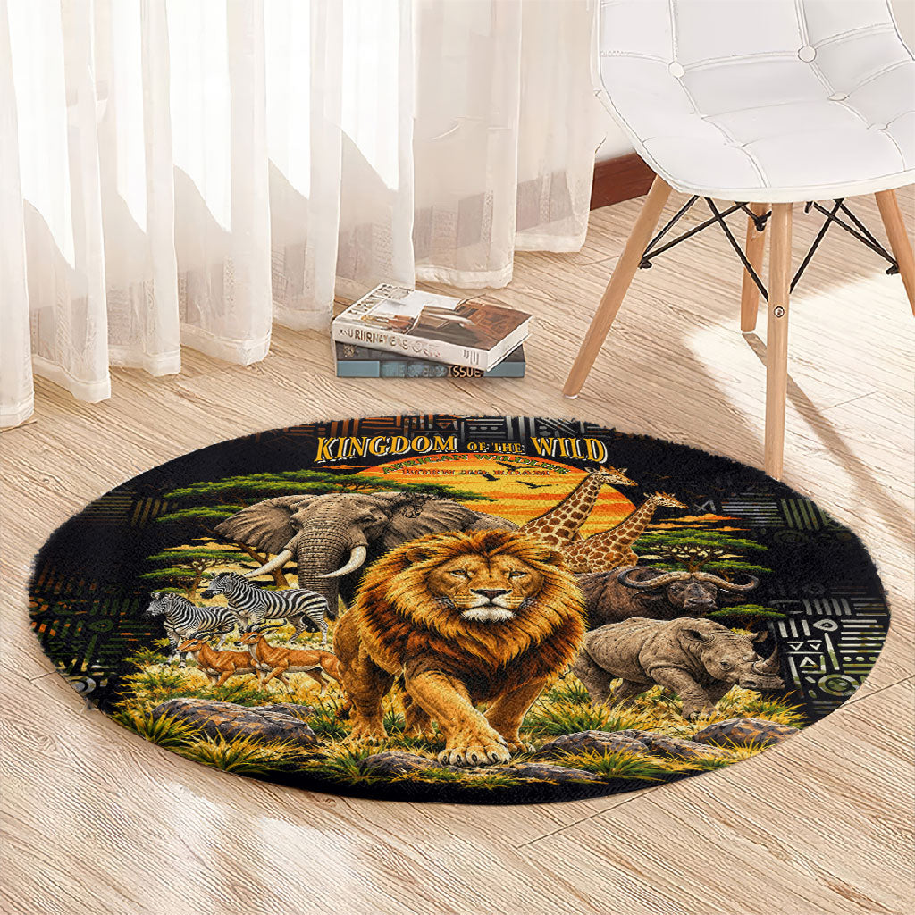 African Wildlife Heart Round Carpet Safari Sunset Lion Elephant Giraffe Tribal Pattern