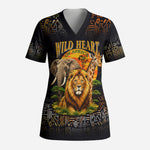 African Wildlife Heart Scrub Top Safari Sunset Lion Elephant Giraffe Tribal Pattern