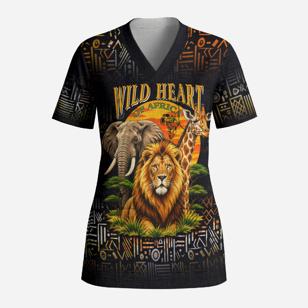 African Wildlife Heart Scrub Top Safari Sunset Lion Elephant Giraffe Tribal Pattern