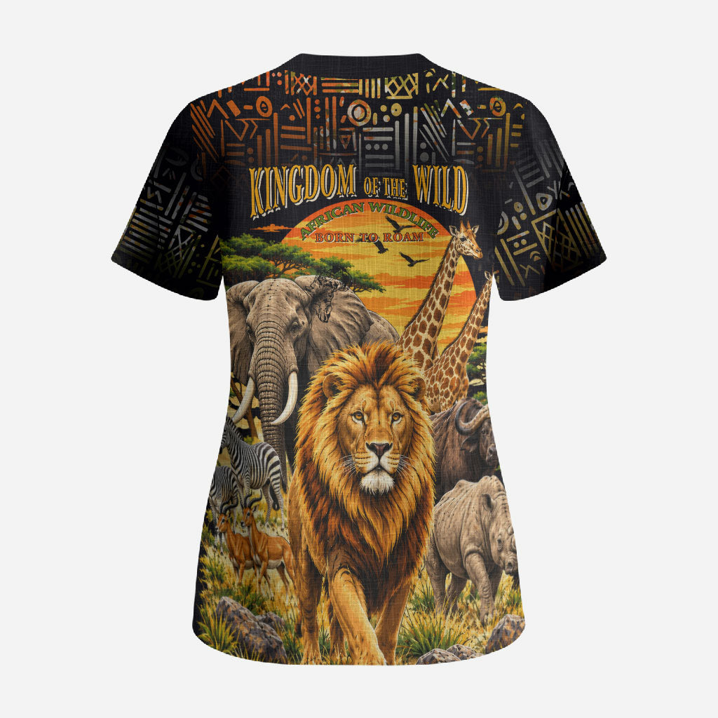 African Wildlife Heart Scrub Top Safari Sunset Lion Elephant Giraffe Tribal Pattern