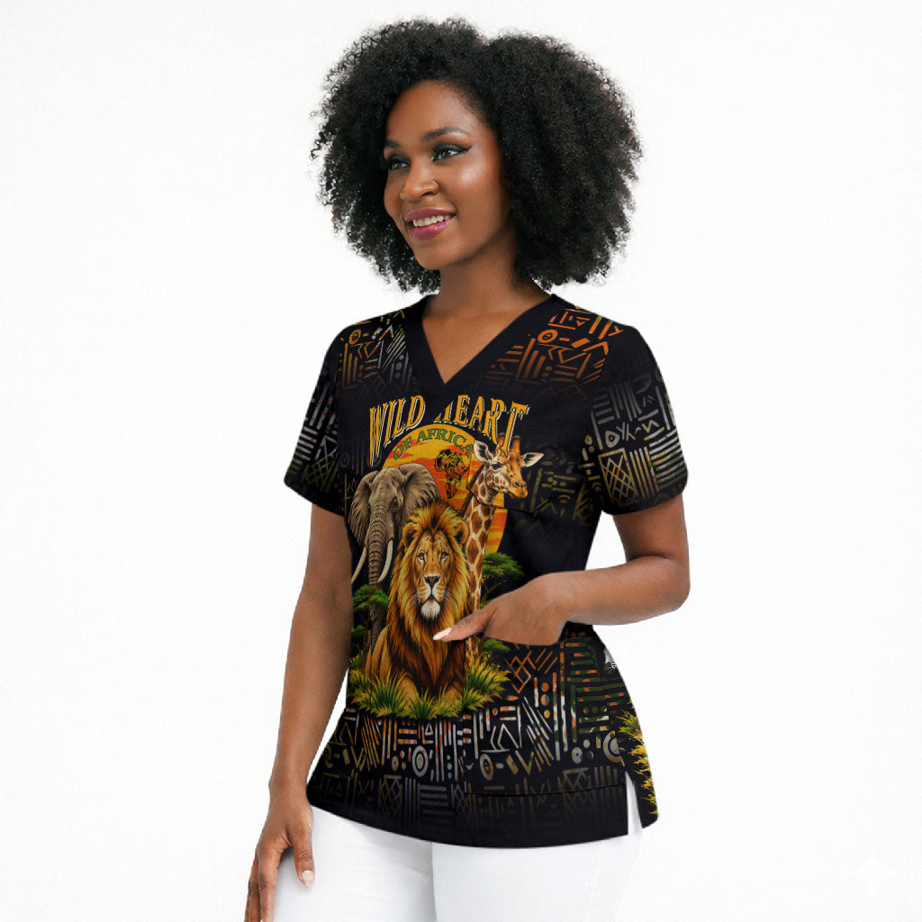 African Wildlife Heart Scrub Top Safari Sunset Lion Elephant Giraffe Tribal Pattern