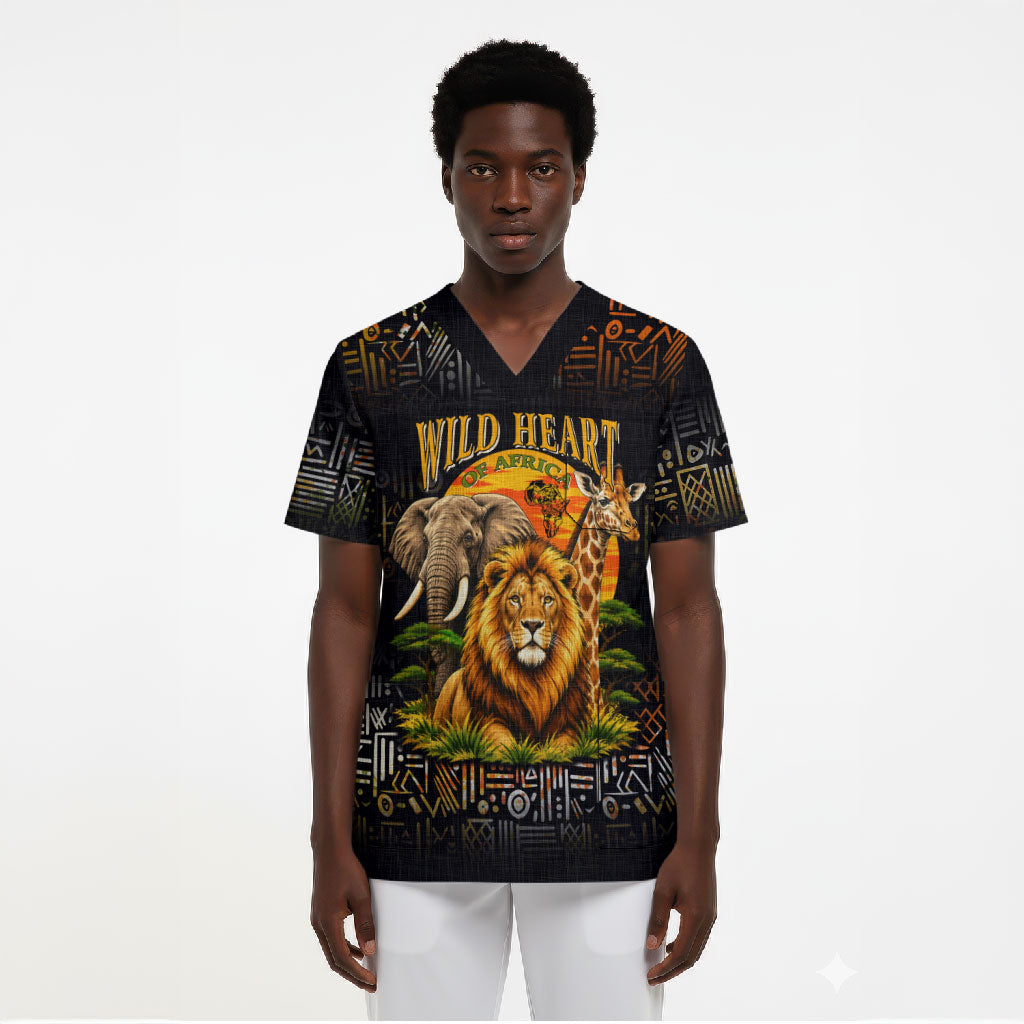 African Wildlife Heart Scrub Top Safari Sunset Lion Elephant Giraffe Tribal Pattern
