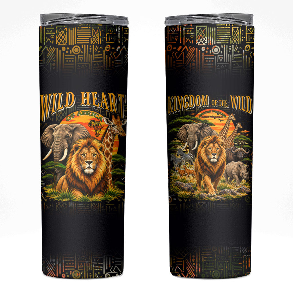 African Wildlife Heart Skinny Tumbler Safari Sunset Lion Elephant Giraffe Tribal Pattern