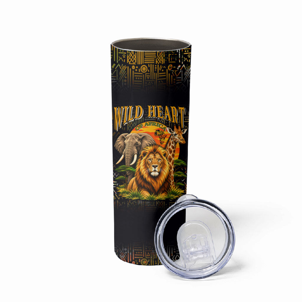 African Wildlife Heart Skinny Tumbler Safari Sunset Lion Elephant Giraffe Tribal Pattern