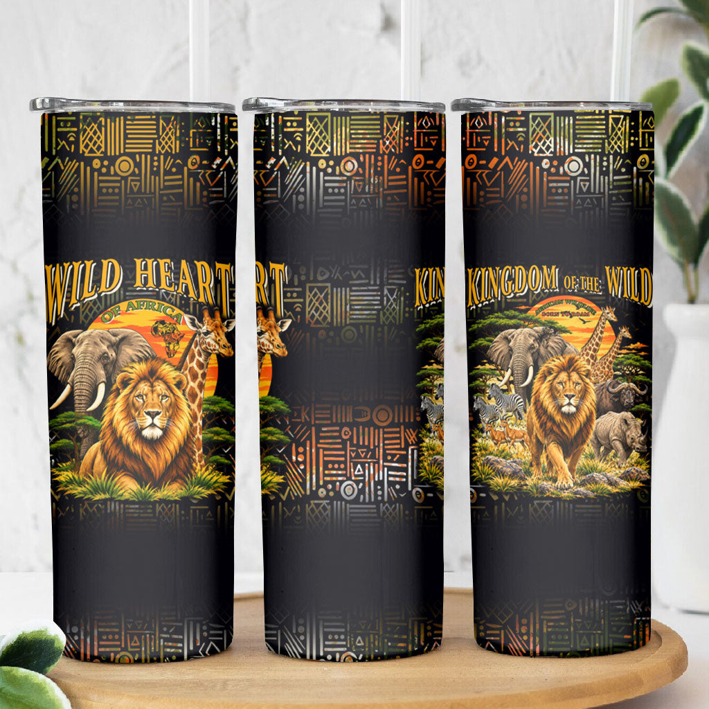 African Wildlife Heart Skinny Tumbler Safari Sunset Lion Elephant Giraffe Tribal Pattern