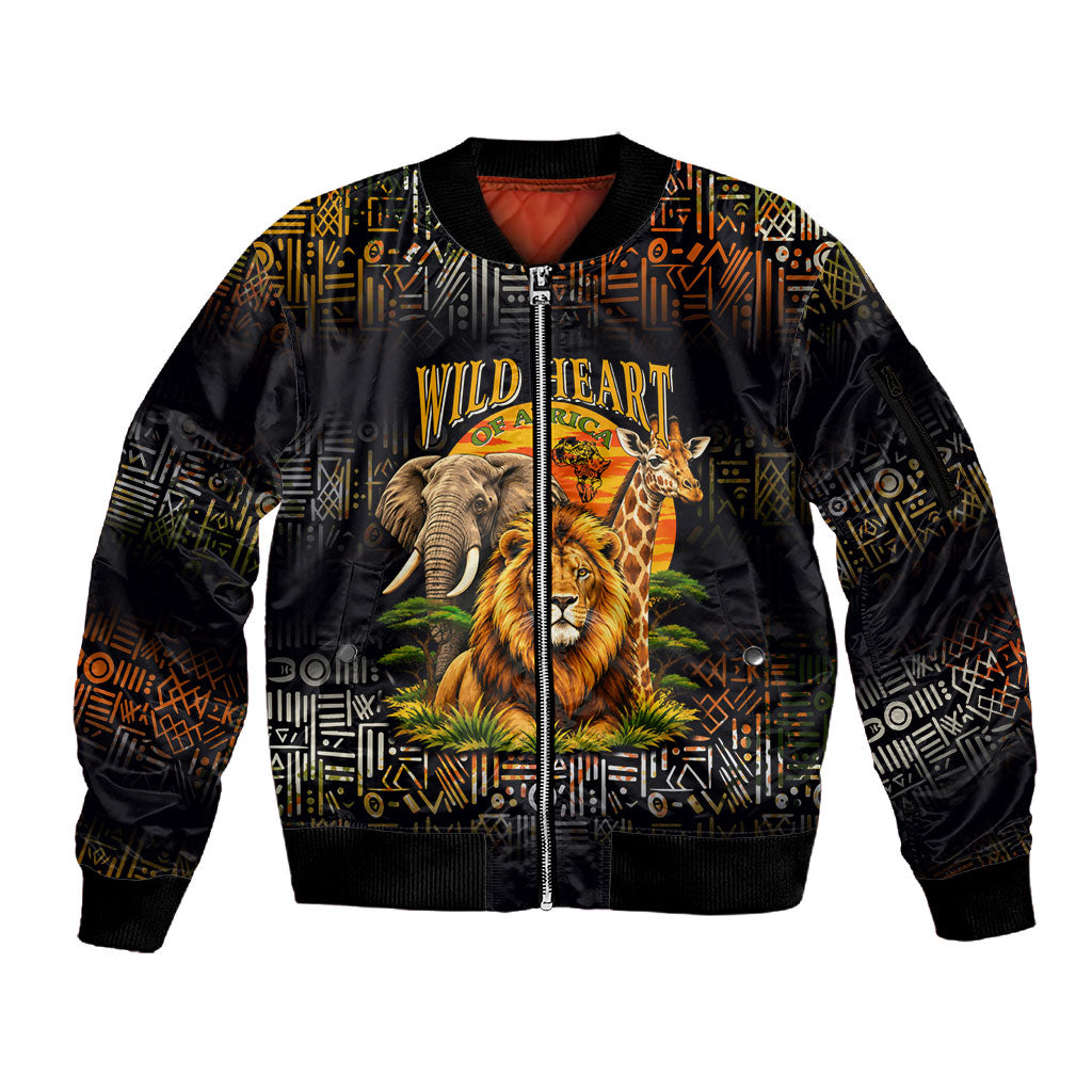 African Wildlife Heart Sleeve Zip Bomber Jacket Safari Sunset Lion Elephant Giraffe Tribal Pattern