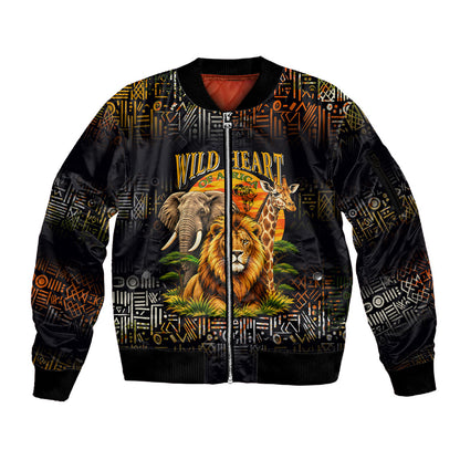 African Wildlife Heart Sleeve Zip Bomber Jacket Safari Sunset Lion Elephant Giraffe Tribal Pattern