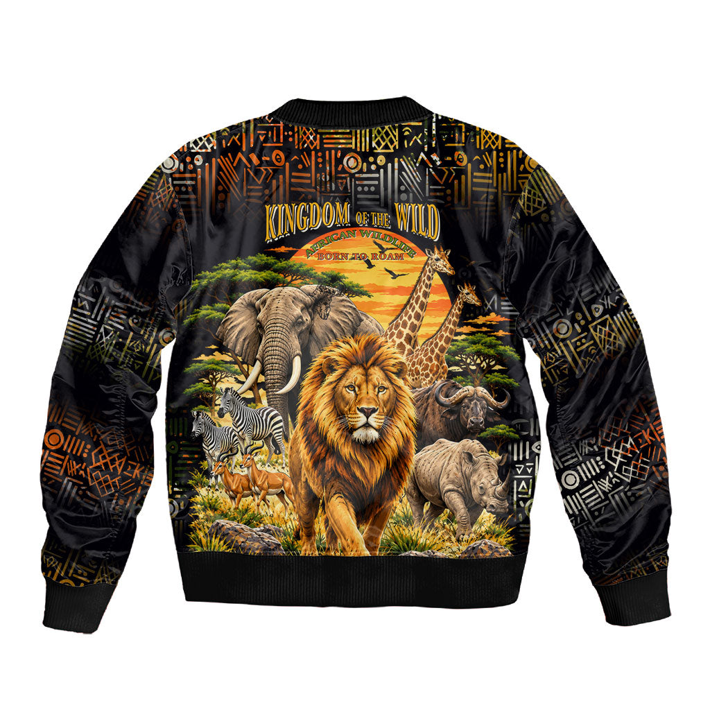 African Wildlife Heart Sleeve Zip Bomber Jacket Safari Sunset Lion Elephant Giraffe Tribal Pattern