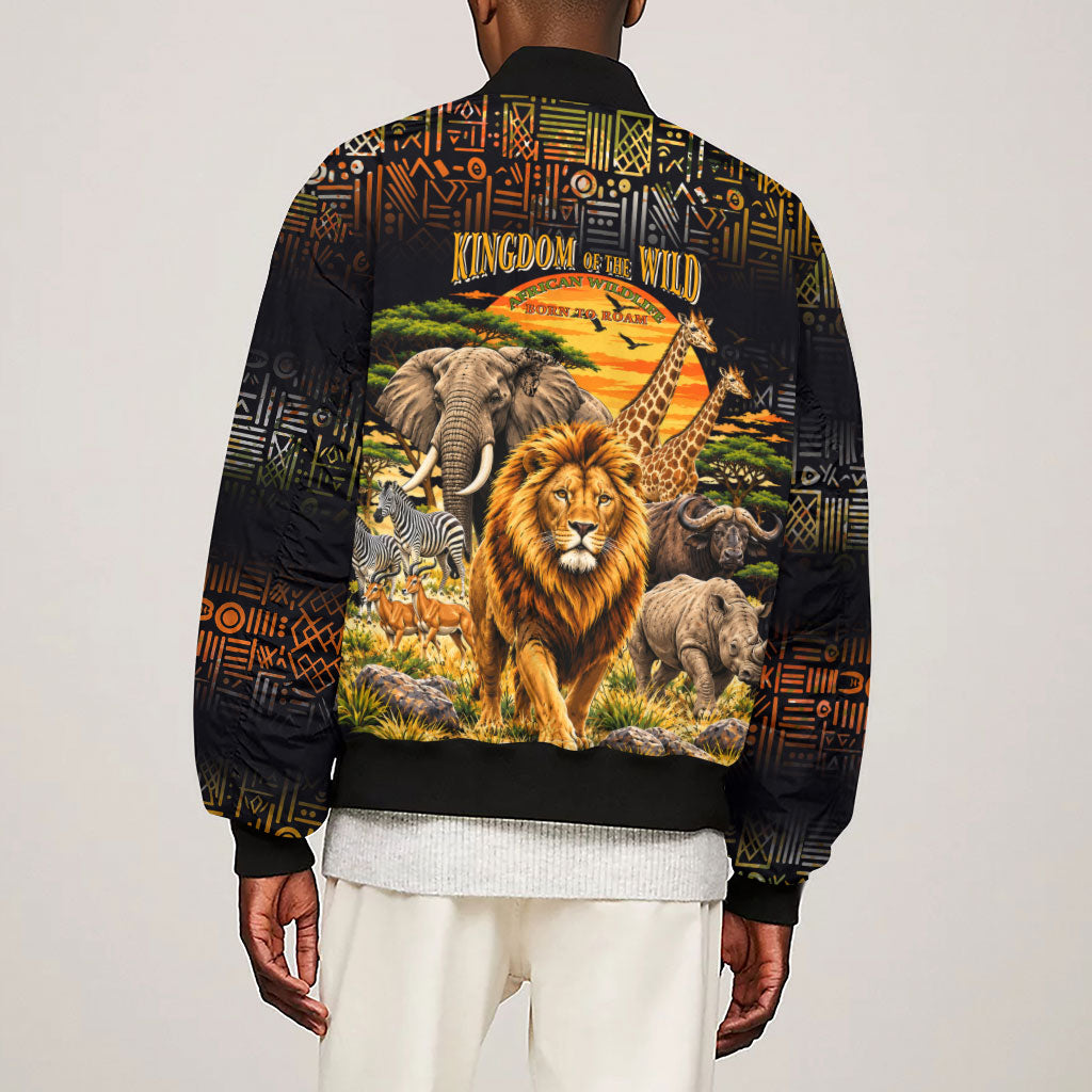 African Wildlife Heart Sleeve Zip Bomber Jacket Safari Sunset Lion Elephant Giraffe Tribal Pattern