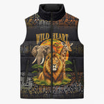 African Wildlife Heart Sleeveless Puffer Jacket Safari Sunset Lion Elephant Giraffe Tribal Pattern