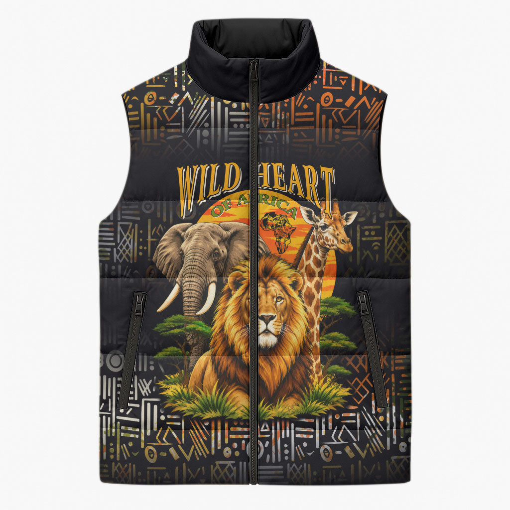 African Wildlife Heart Sleeveless Puffer Jacket Safari Sunset Lion Elephant Giraffe Tribal Pattern