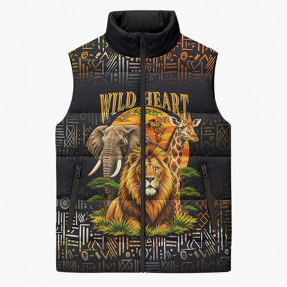 African Wildlife Heart Sleeveless Puffer Jacket Safari Sunset Lion Elephant Giraffe Tribal Pattern